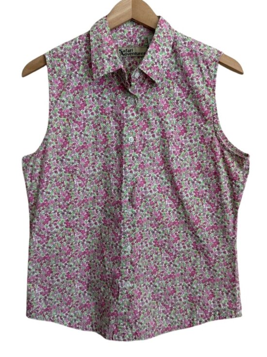 Safari Adventure Tops - Safari Adventures Vintage Floral Sleeveless Button Down Shirt Large Cotton Pink